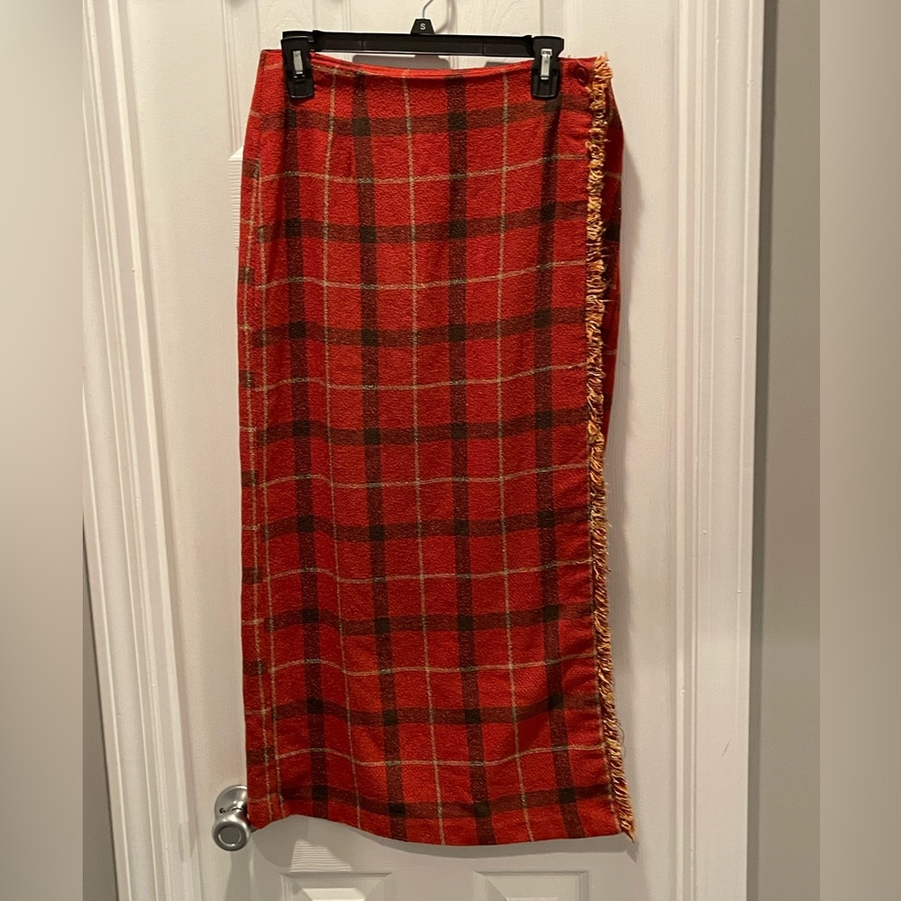 Studio C Burnt Orange and Black Plaid Wraparound Maxi Skirt with Fringe